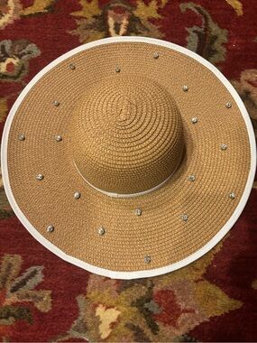 Juicy Couture Tan Wide-Brim Straw Sun Hat with Rhinestone Studs